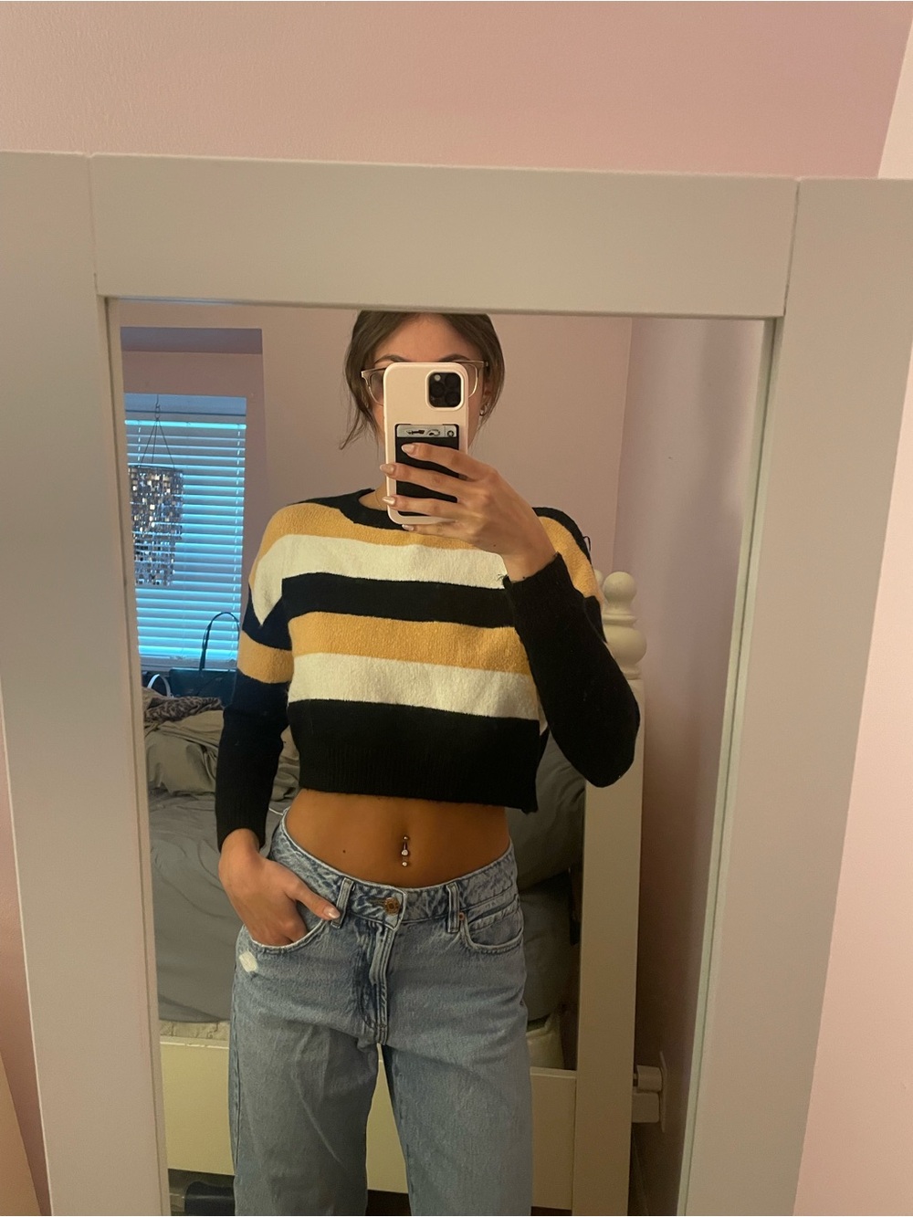 Charlotte Russe Black, White & Mustard Striped Cropped Crew Sweater